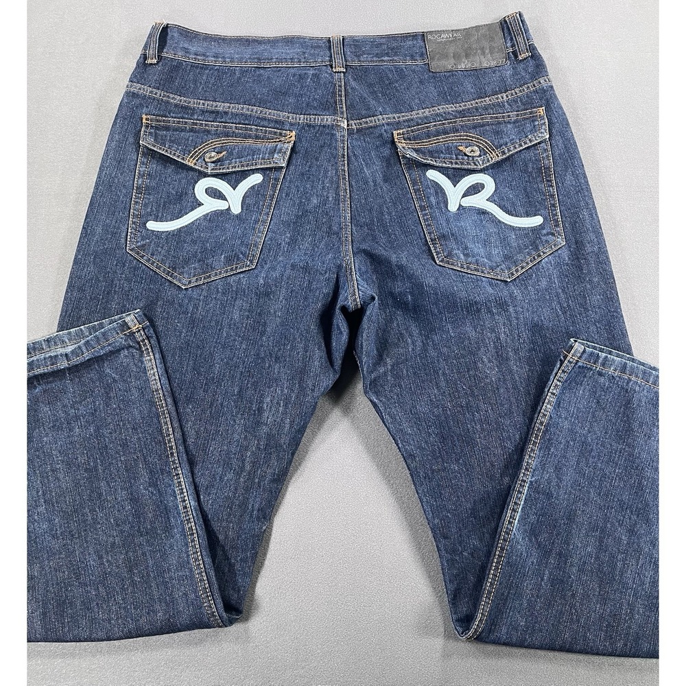 Rocawear Mens 40x32 Dark Embroidered Denim Blue Jeans Y2K Baggy Classic Hip Hop